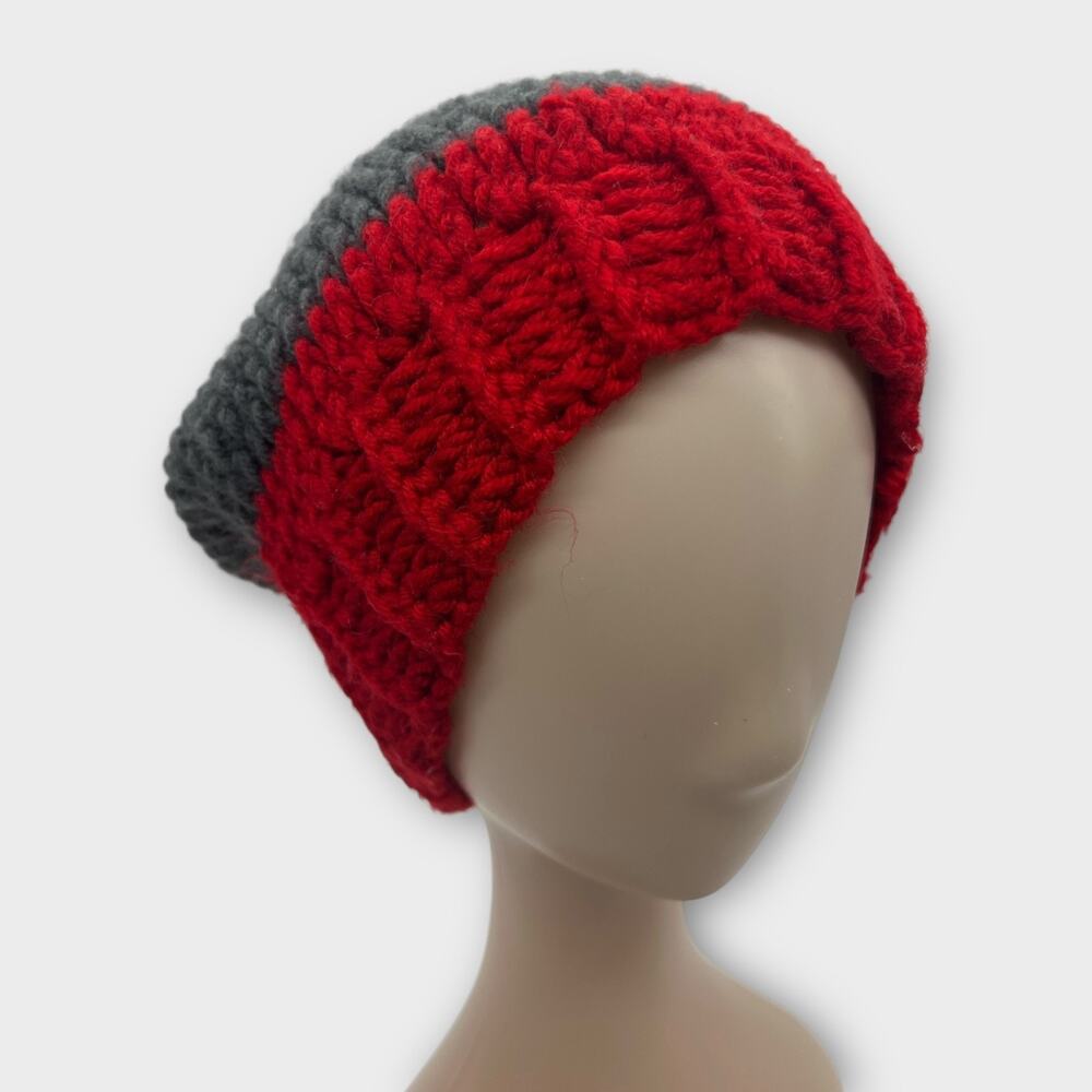 Knit Woven Chunky Red Gray Grey Beanie Knit‎ Hat Boho Outdoors Unisex X-Small